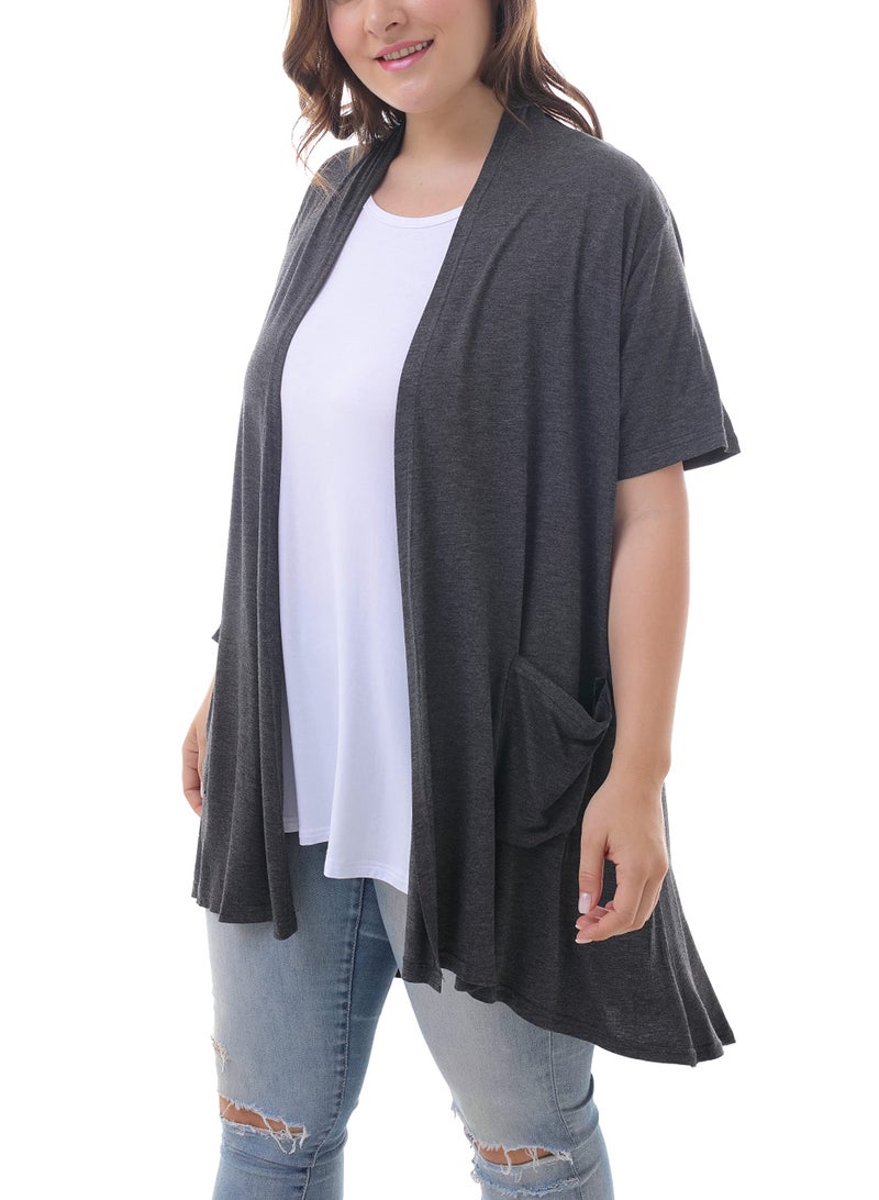ZERDOCEAN Women's Plus Size Short Sleeve Lightweight Soft Printed Drape Cardigan with Pockets Dark Gray 3X - Image 3